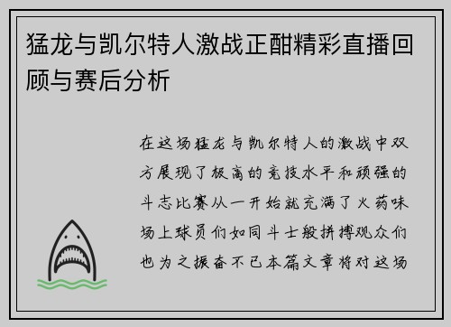 猛龙与凯尔特人激战正酣精彩直播回顾与赛后分析