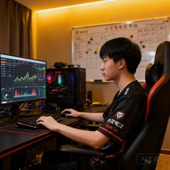 DOTA2职业选手陈浩在训练室中的侧面照，他正专注地查看小艾电竞平台的数据分析界面